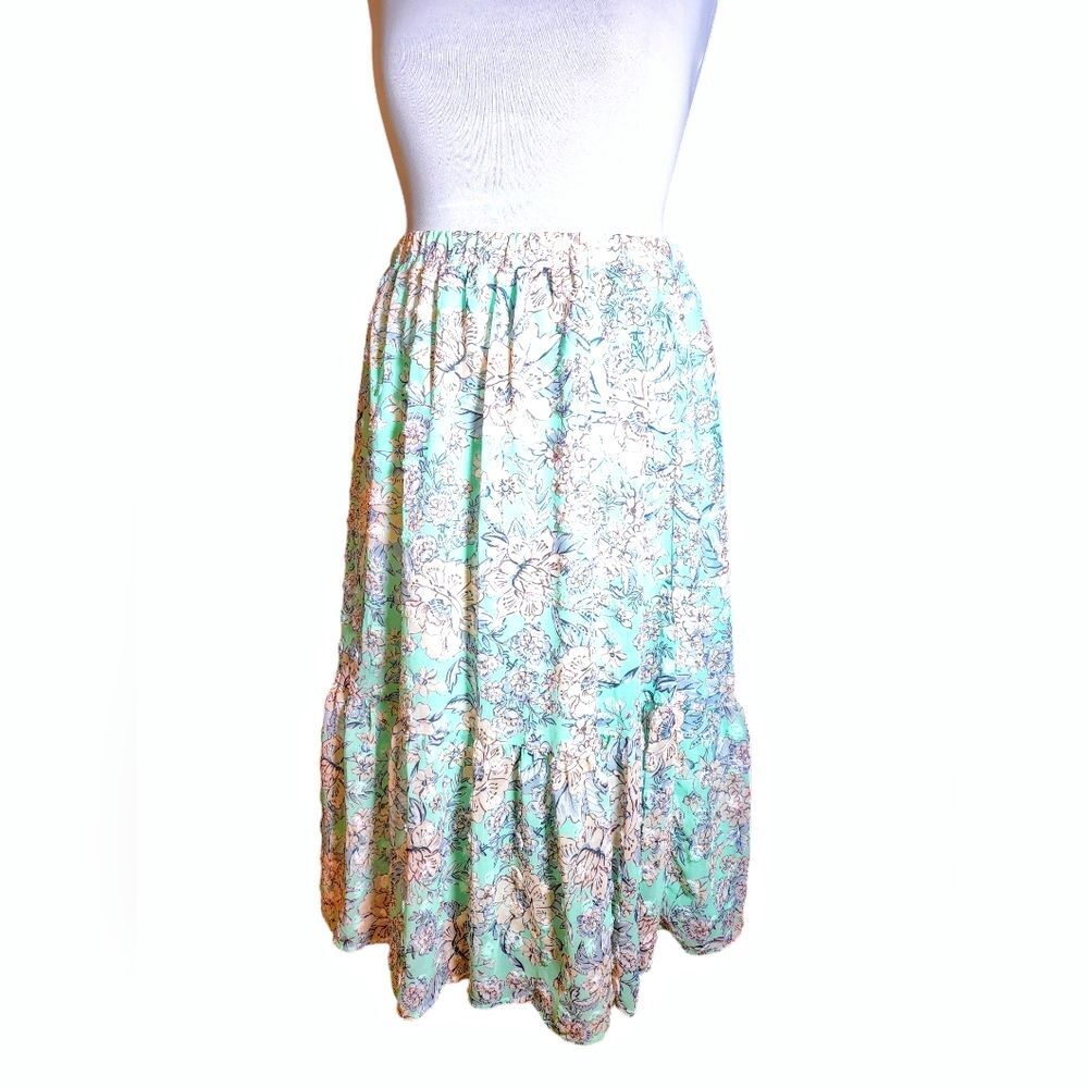 Cupio Cottagecore Textured Pastelâ Green Floral Gathered Full Midi Skirt Size XL